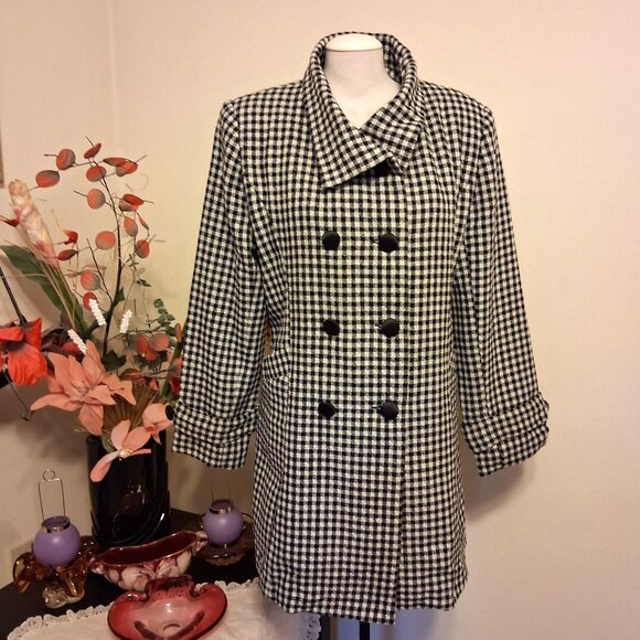 NEW Women’s Black White Double-Breasted Lined Trench Coat Winter Outerwear 14 L - Picture 1 of 10